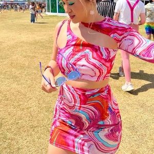Funky/Pink Marble Print Slinky One Shoulder Sleeve Crop Top and Skirt